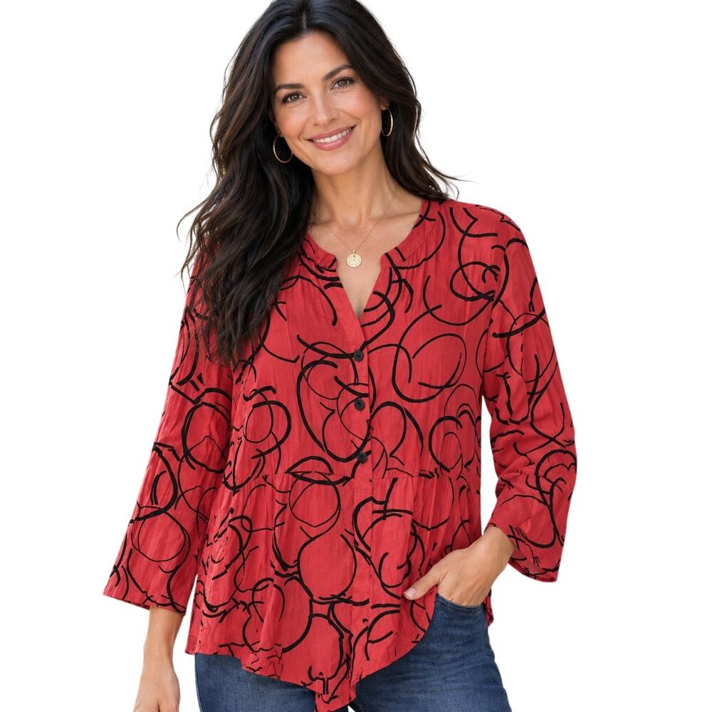 Habitat Swirl Button Top Womens Medium Coral Black Lagenlook Textured Linen
